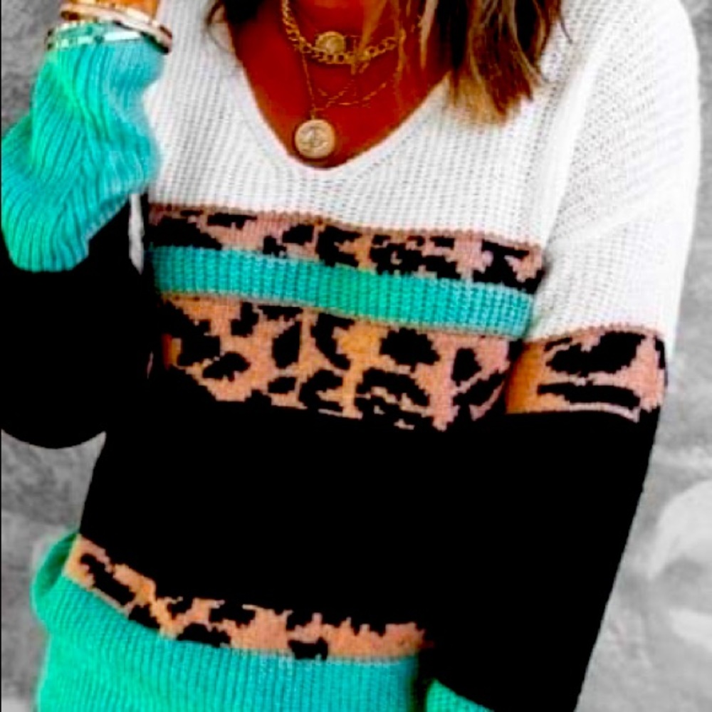 Turquoise leopard print sweater shirt